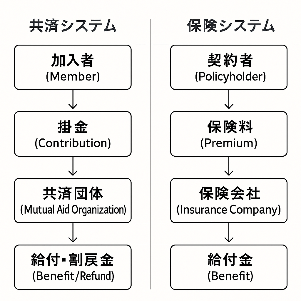 共済と保険の仕組みを比較した図解。掛金と給付の流れをわかりやすく説明。