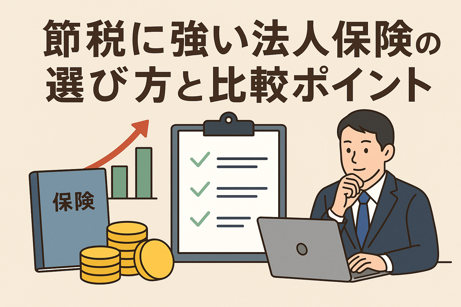 「節税に強い法人保険の選び方と比較ポイント」のタイトルとともに、保険帳票・金貨・グラフ・チェックリスト・スーツ姿の男性がノートパソコンを操作しているイラスト