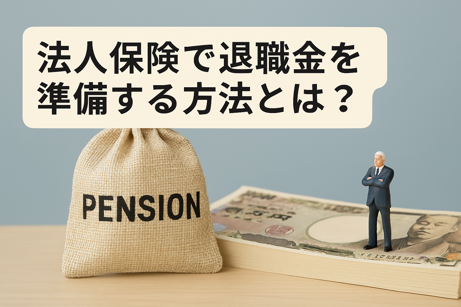 退職金準備のイメージとして、PENSIONと書かれた麻袋、1万円札の束、老年のビジネスマンのフィギュアが並ぶ写真。