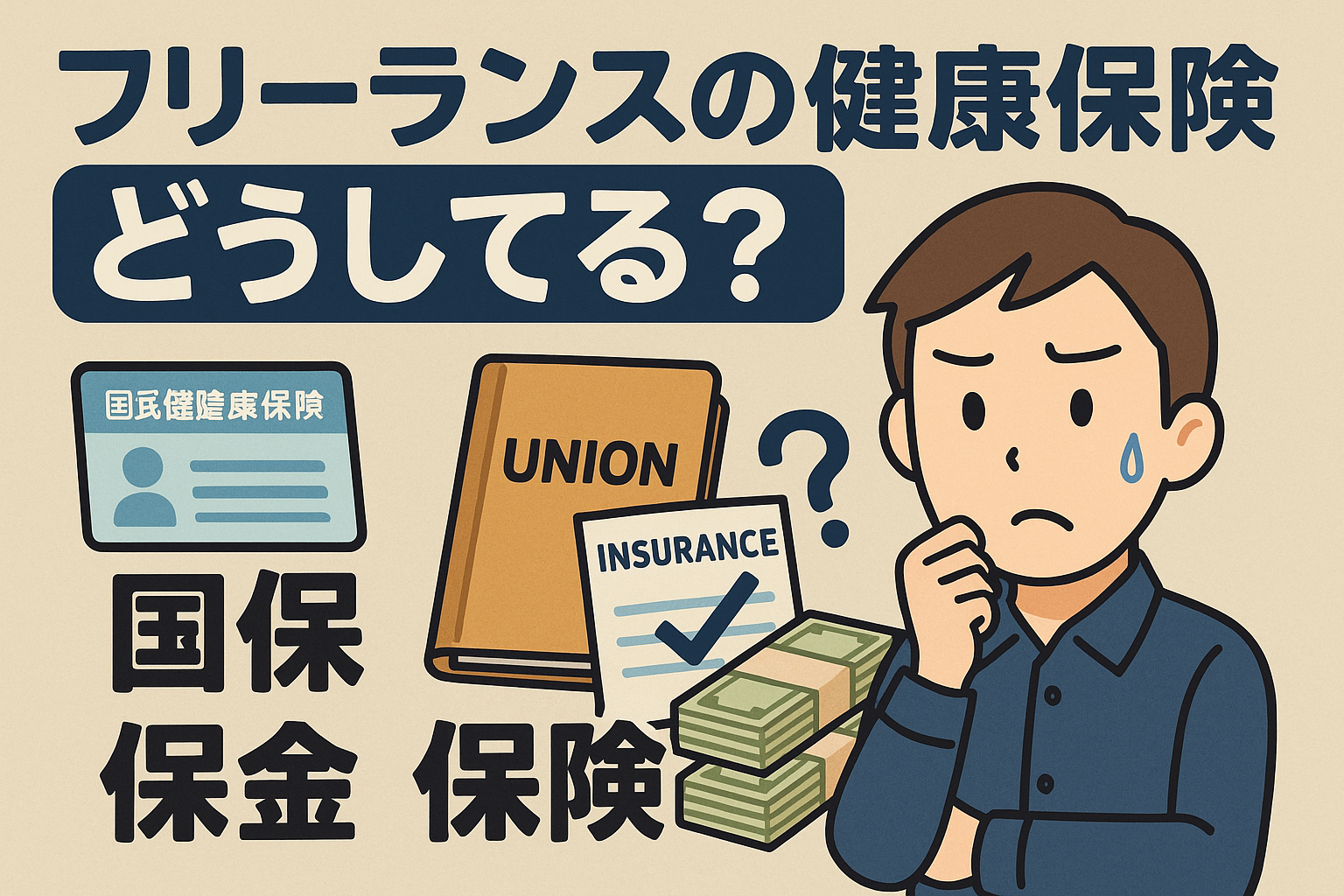 フリーランスの男性が健康保険の選択肢（国保・組合・民間保険）について悩んでいる様子を描いたアニメ風イラスト。各選択肢のアイコンとともに、「フリーランスの健康保険どうしてる？」の大きな見出しが配置されている。