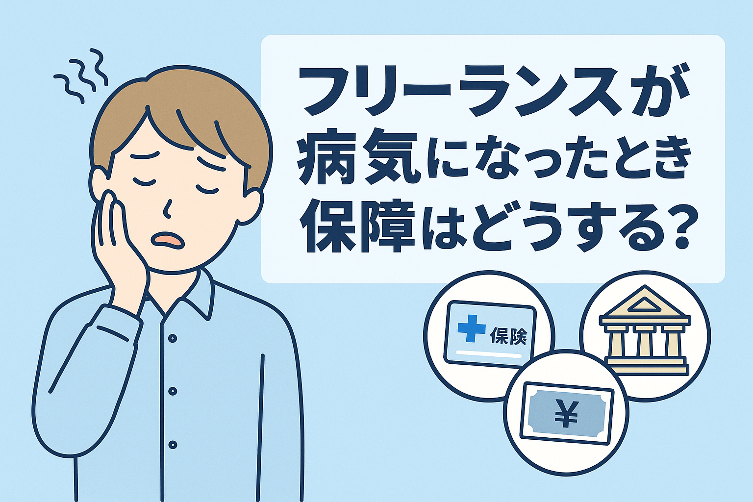 フリーランスの男性が体調不良で困っている様子を描いたアニメ風イラスト。背景には「保険」「お金」「制度」のアイコンと「フリーランスが病気になったとき保障はどうする？」の見出し。