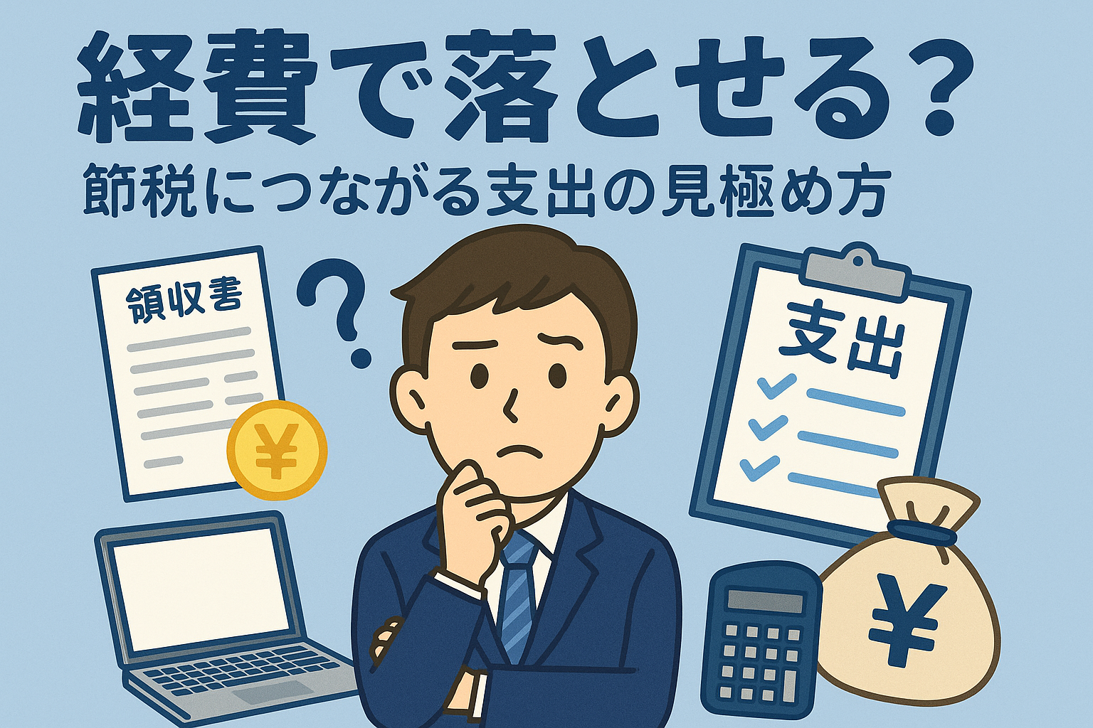 スーツ姿の男性が「経費で落とせるか？」と悩む様子を描いたアニメ風イラスト。周囲には領収書、支出の書かれたクリップボード、電卓、パソコン、円マークの袋などが描かれている。