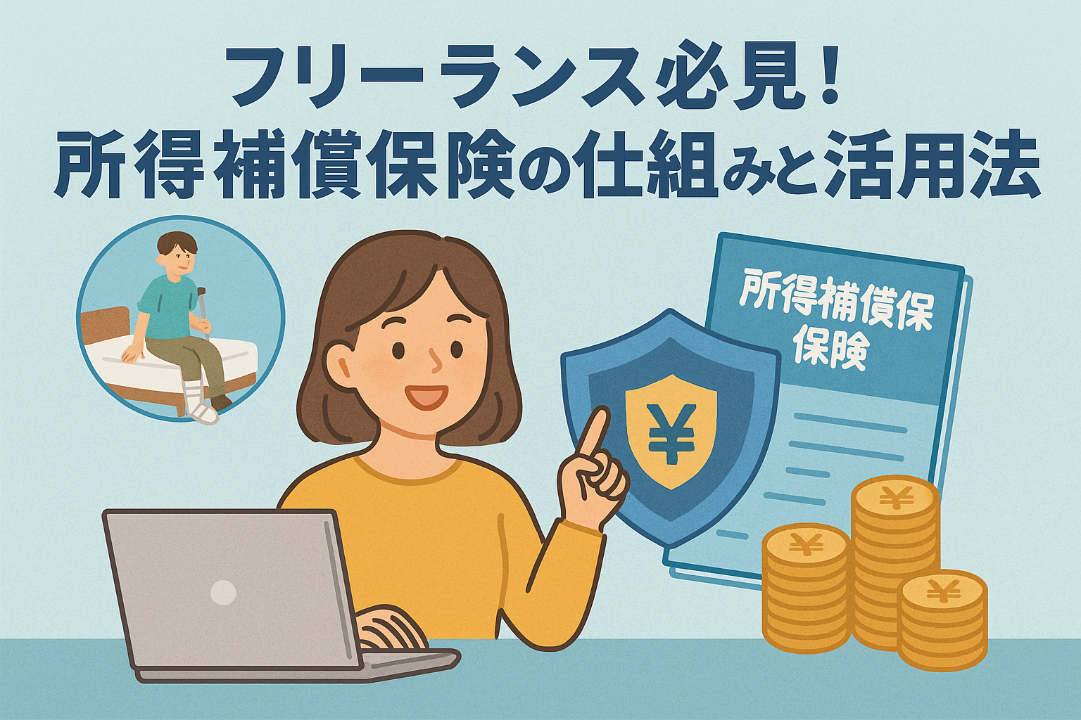 フリーランス向けの所得補償保険の仕組みを解説するイラストバナー。パソコンを操作する女性と補償シンボルが描かれている