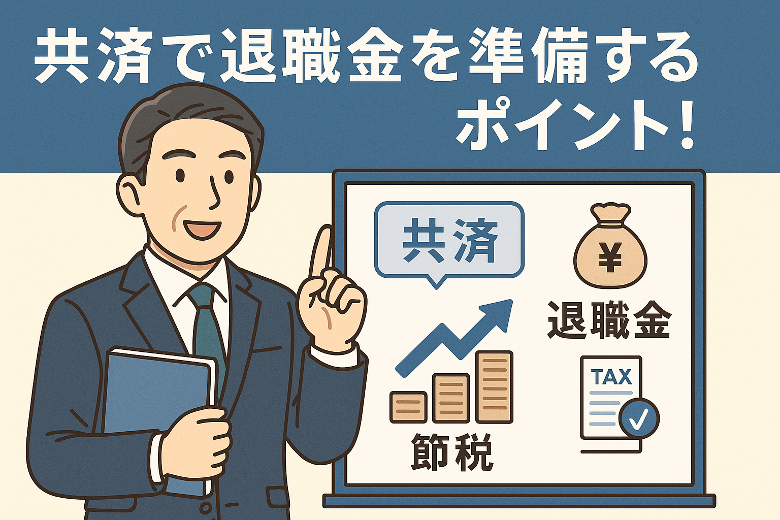 スーツ姿の中年男性がホワイトボードを使って共済による退職金準備を解説するアニメ風イラスト。退職金、節税、共済のキーワードが図解的に表示されている。