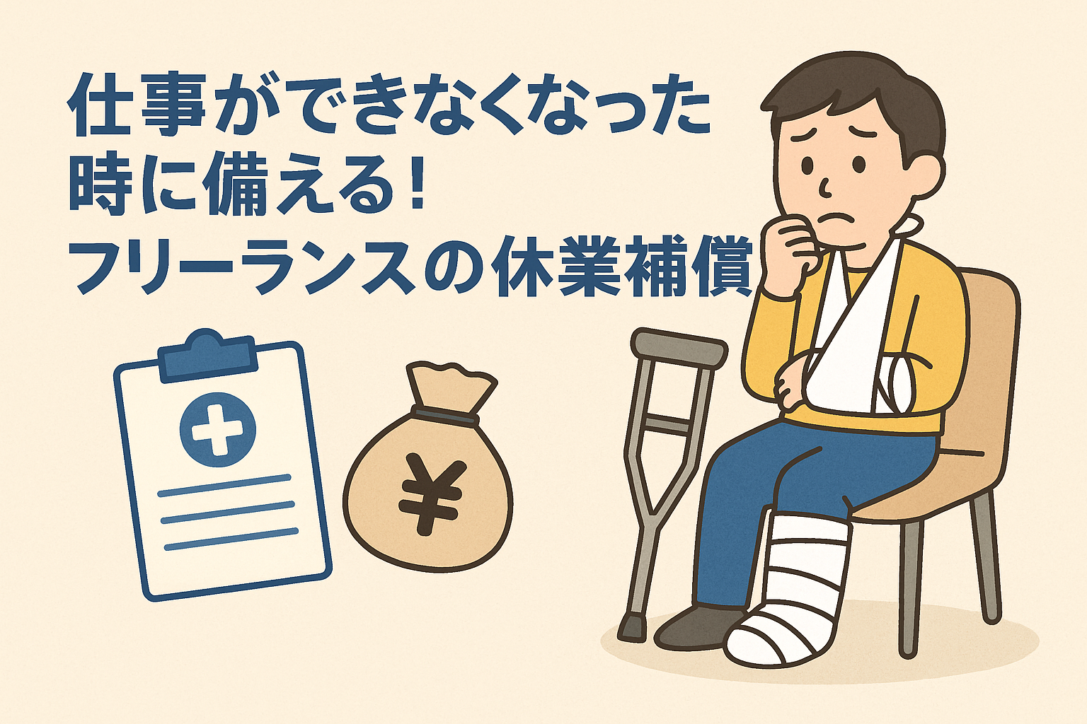 ケガで松葉杖を使う男性フリーランスと医療・お金のイメージ、タイトル「仕事ができなくなった時に備える！フリーランスの休業補償」が描かれたアイキャッチ画像