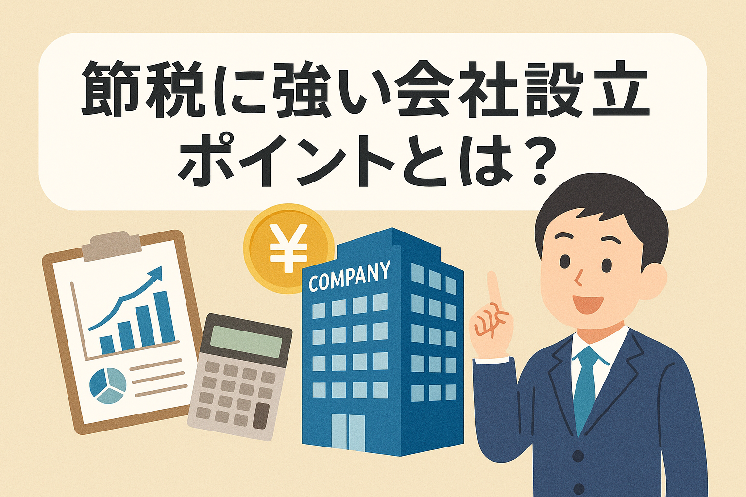 スーツ姿の男性が会社ビルや計算機、グラフを背景に「節税に強い会社設立ポイントとは？」という日本語見出しを指差しているイラスト