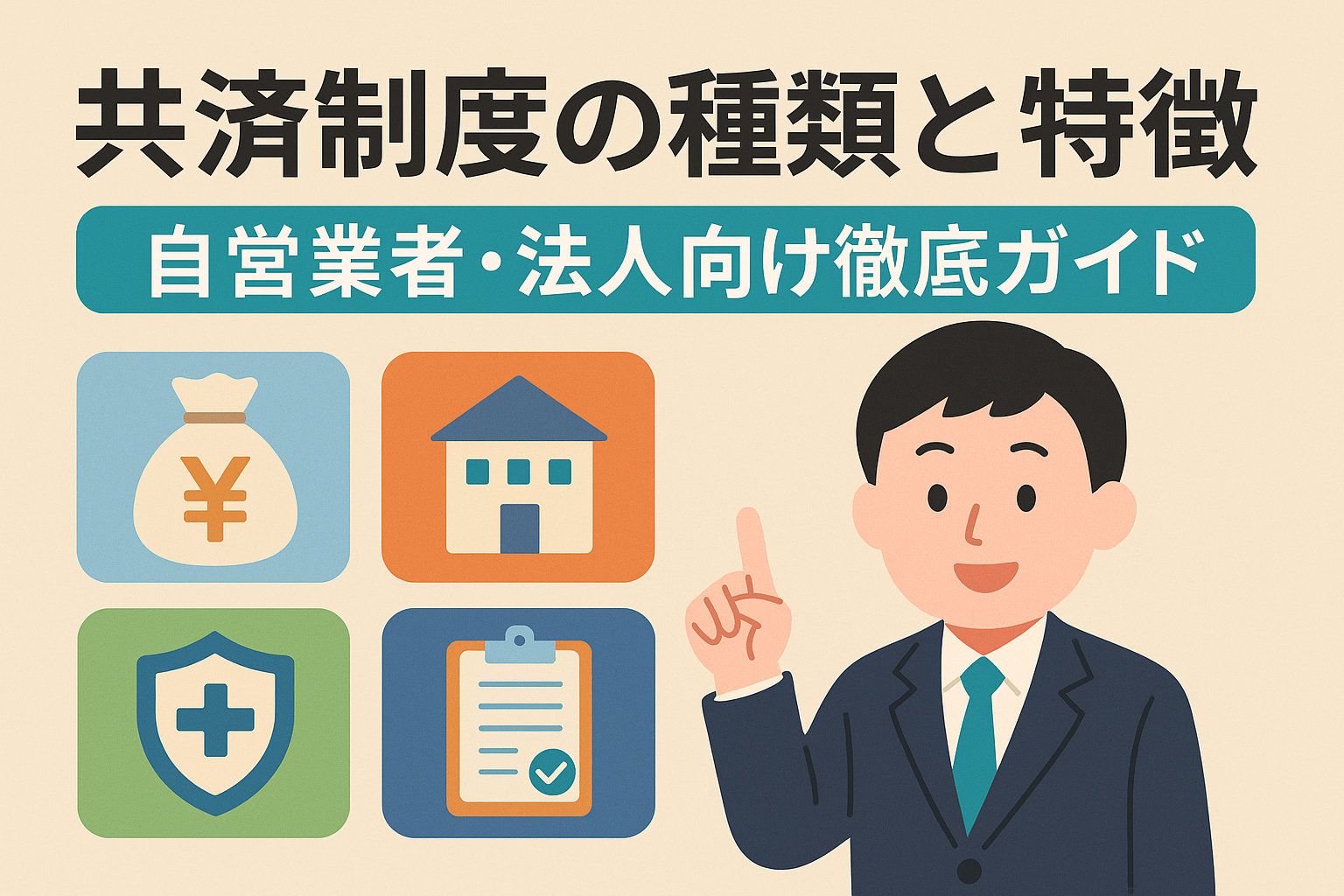 共済制度に関する4つのアイコン（お金・家・保険・契約）とスーツ姿の男性、中央に「共済制度の種類と特徴｜自営業者・法人向け徹底ガイド」の文字が描かれたイラスト