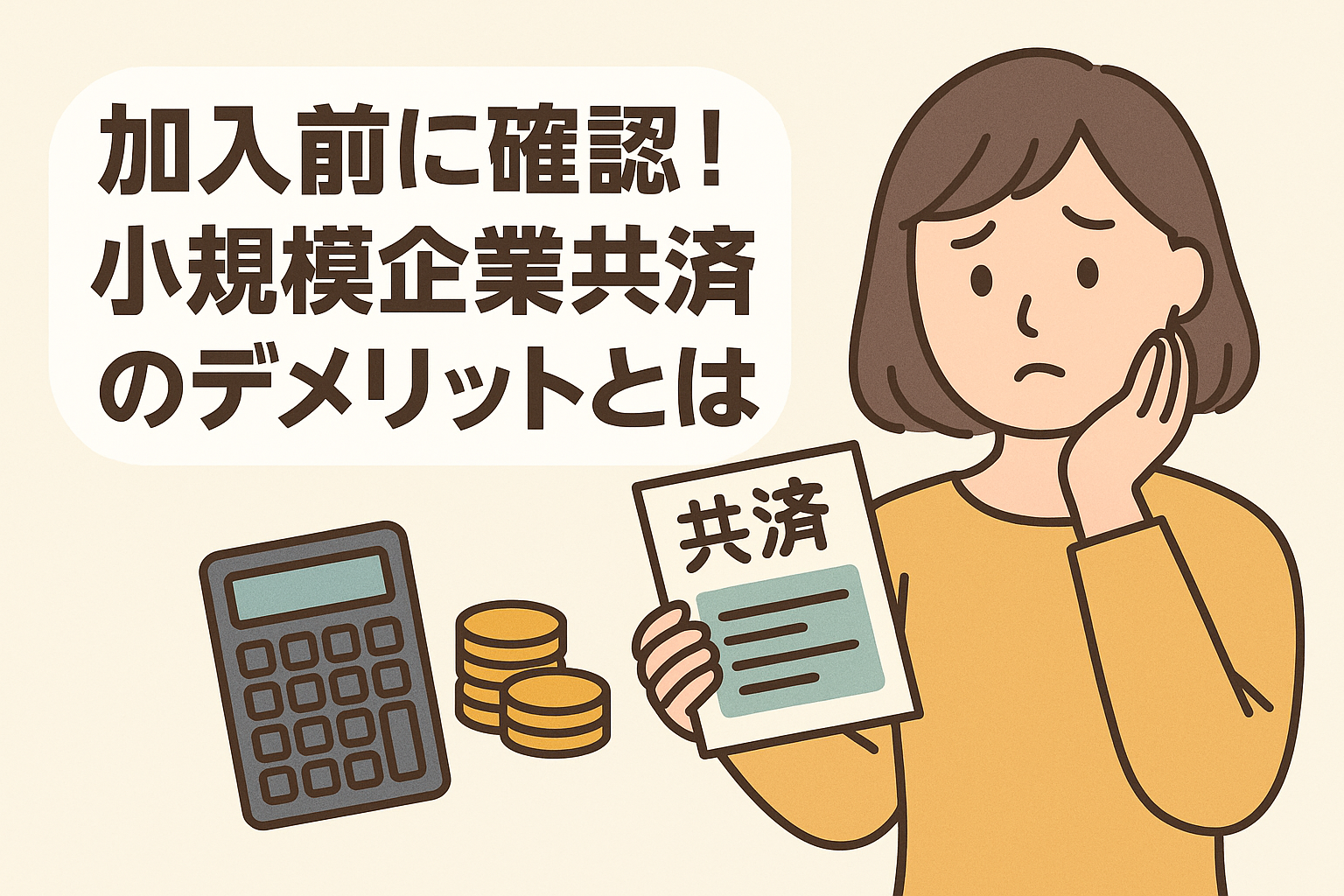 小規模企業共済の加入に不安を感じている女性が共済資料を見つめ、横に電卓とコインが置かれているイラスト。「加入前に確認！小規模企業共済のデメリットとは」の見出し入り