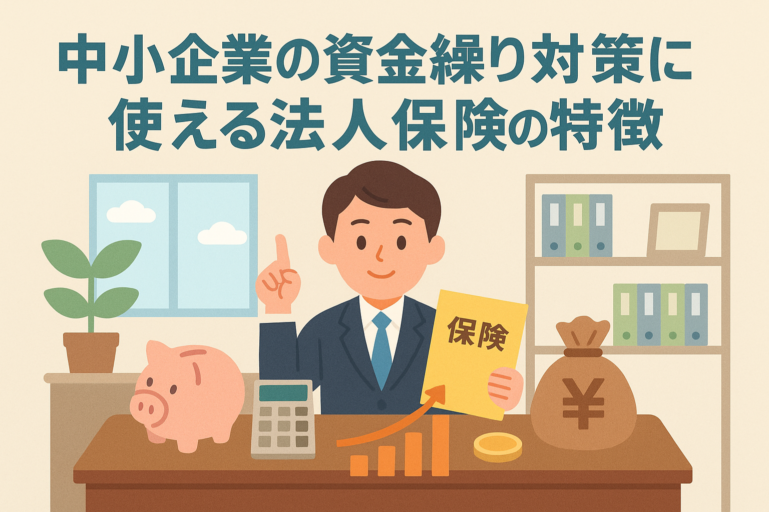 中小企業の資金繰り対策に使える法人保険の特徴を説明するイラスト。スーツ姿の男性が「保険」と書かれた書類を持ち、机上には電卓や貯金箱、円マークの袋が置かれている。