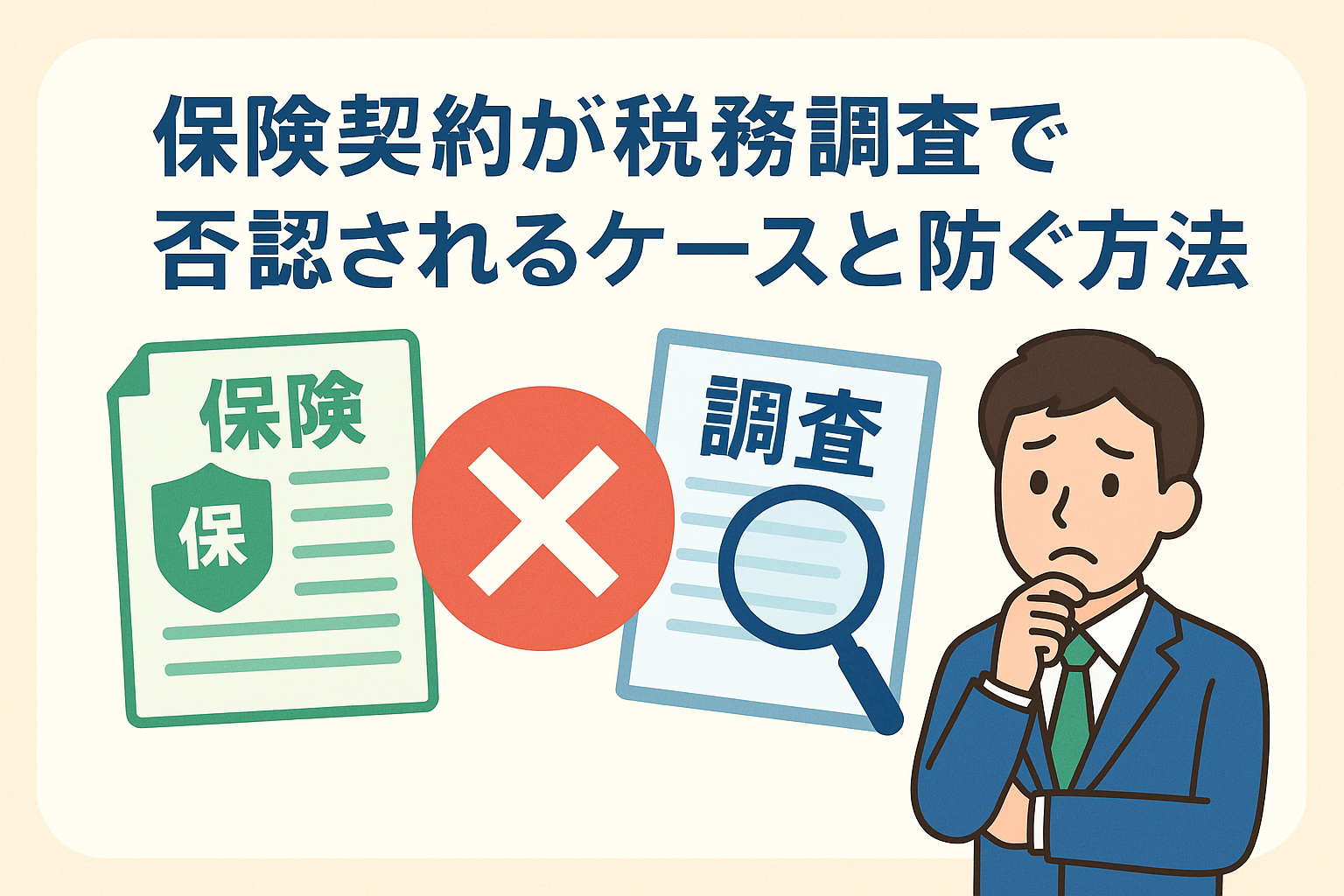 保険契約が税務調査で否認されるケースと防ぐ方法を解説する日本語タイトル入りアイキャッチ画像。保険証券と調査書類、赤いバツ印、考え込む男性のイラスト。