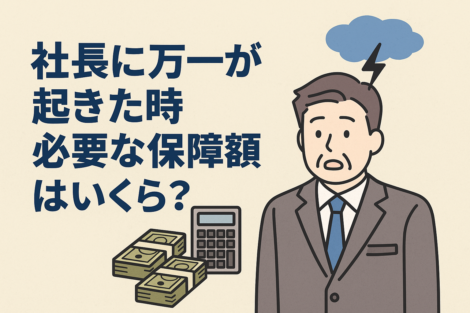 社長に万一が起きた時に必要な保障額をテーマにしたイラスト。スーツ姿の中年男性社長が不安そうな表情を浮かべ、背景に電卓と札束、青い日本語見出しが配置されている。