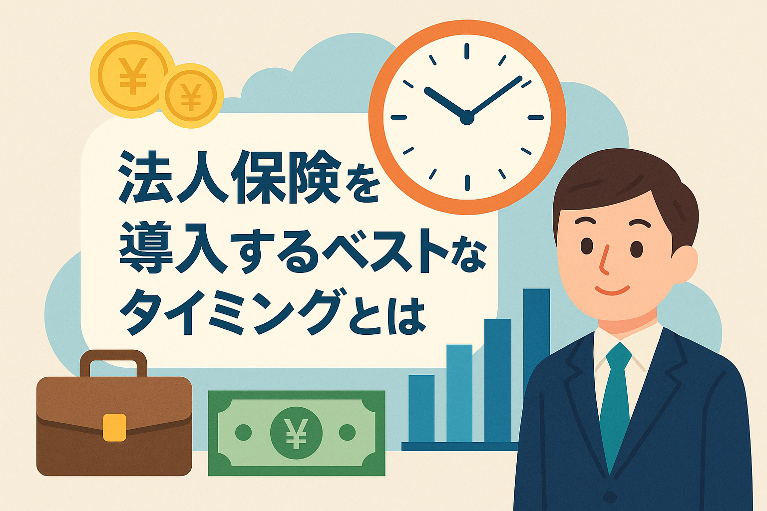 法人保険を導入する最適なタイミングを解説する記事用アイキャッチ画像。スーツ姿の経営者、時計、円マークのイラスト入り。