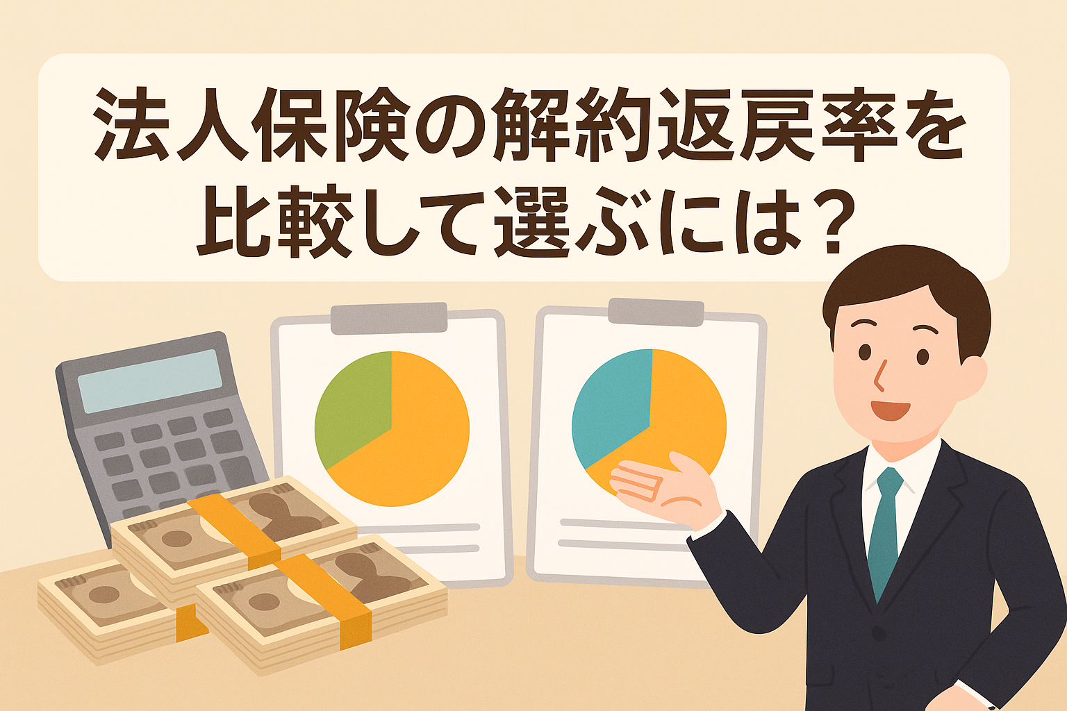 法人保険の解約返戻率を比較して選ぶ方法をテーマに、グラフやお金、スーツ姿の男性が説明するイラスト