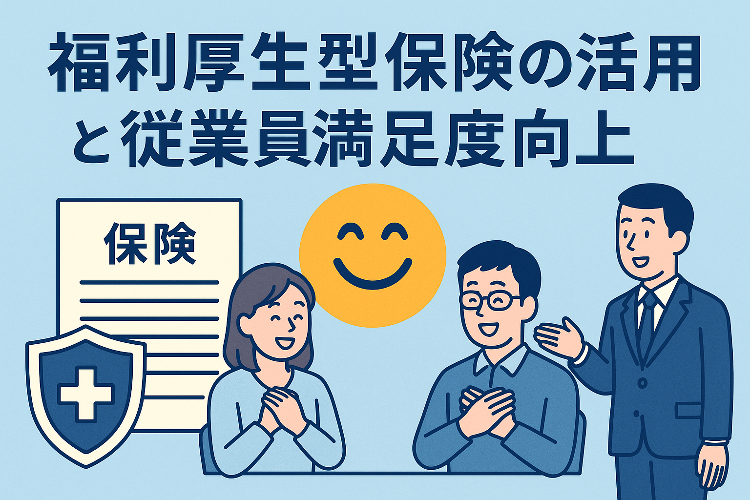 福利厚生型保険の活用によって従業員満足度を高める様子を描いたイラスト。保険証書、医療シンボル、笑顔の従業員、スーツ姿の経営者が描かれている。