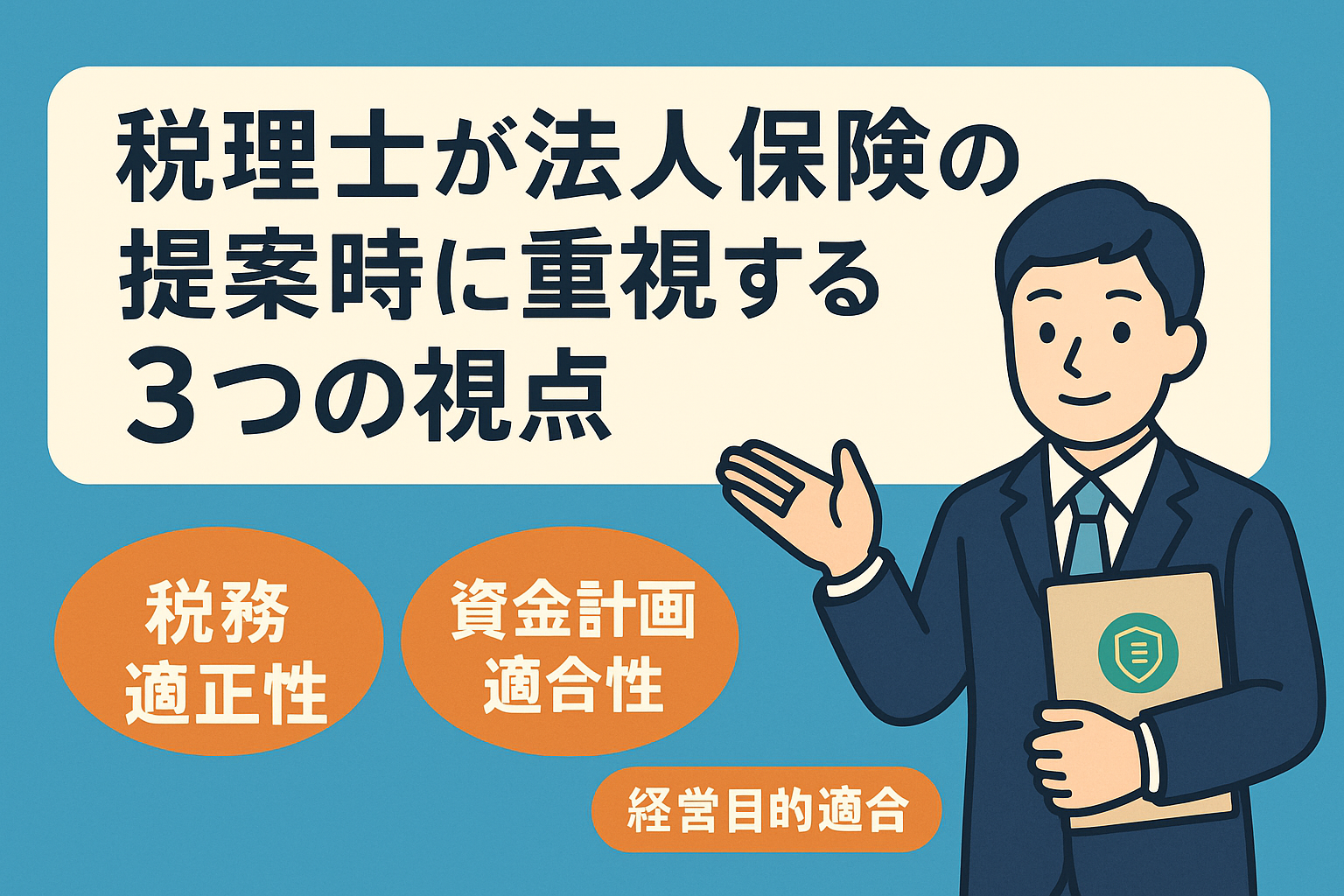税理士が法人保険の提案時に重視する3つの視点を説明するフラットデザインのイラスト。スーツ姿の男性が「税務適正性」「資金計画適合性」「経営目的適合性」を指し示している。