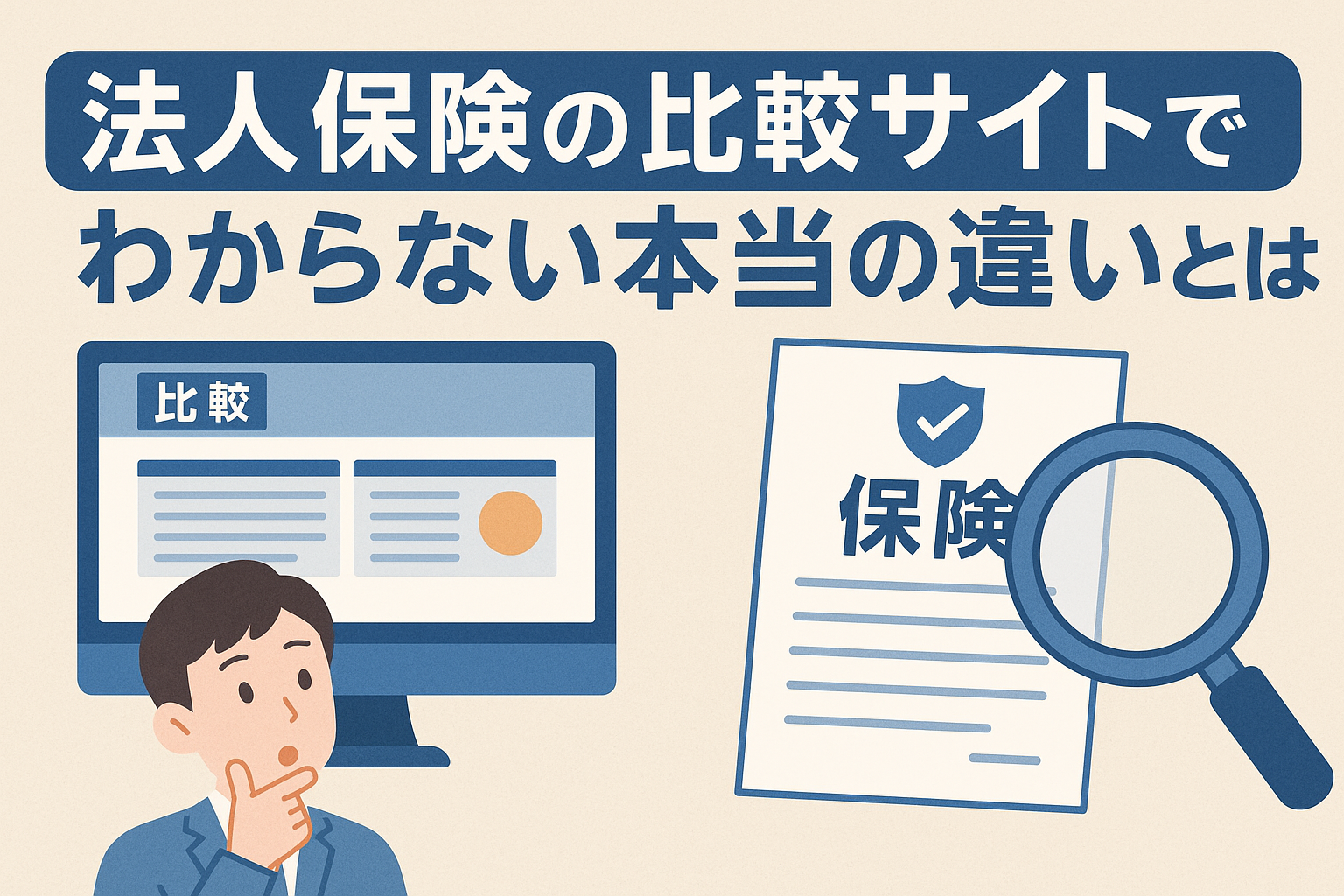 法人保険の比較サイトではわからない本当の違いを解説する記事用アイキャッチ画像。比較サイト画面、保険書類、虫眼鏡、考えるビジネスマンのイラスト入り。