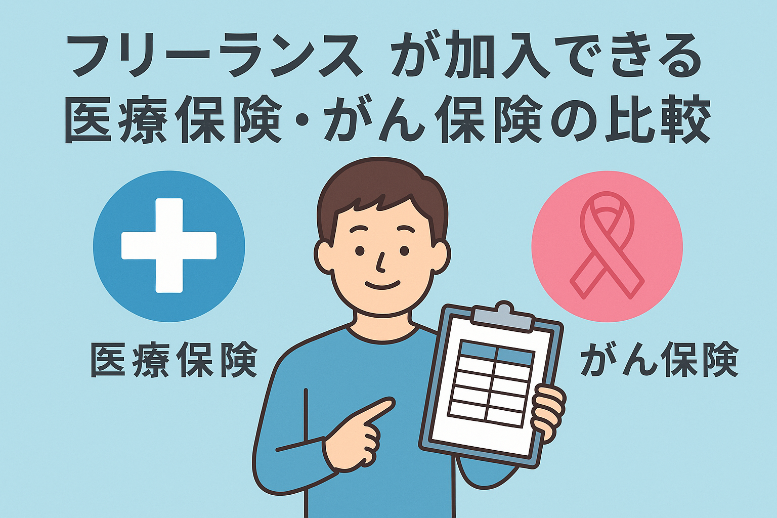 フリーランスが加入できる医療保険とがん保険の比較をテーマにしたアイキャッチ画像。比較表を持った男性と医療保険（青十字）・がん保険（ピンクリボン）のアイコンを配置。
