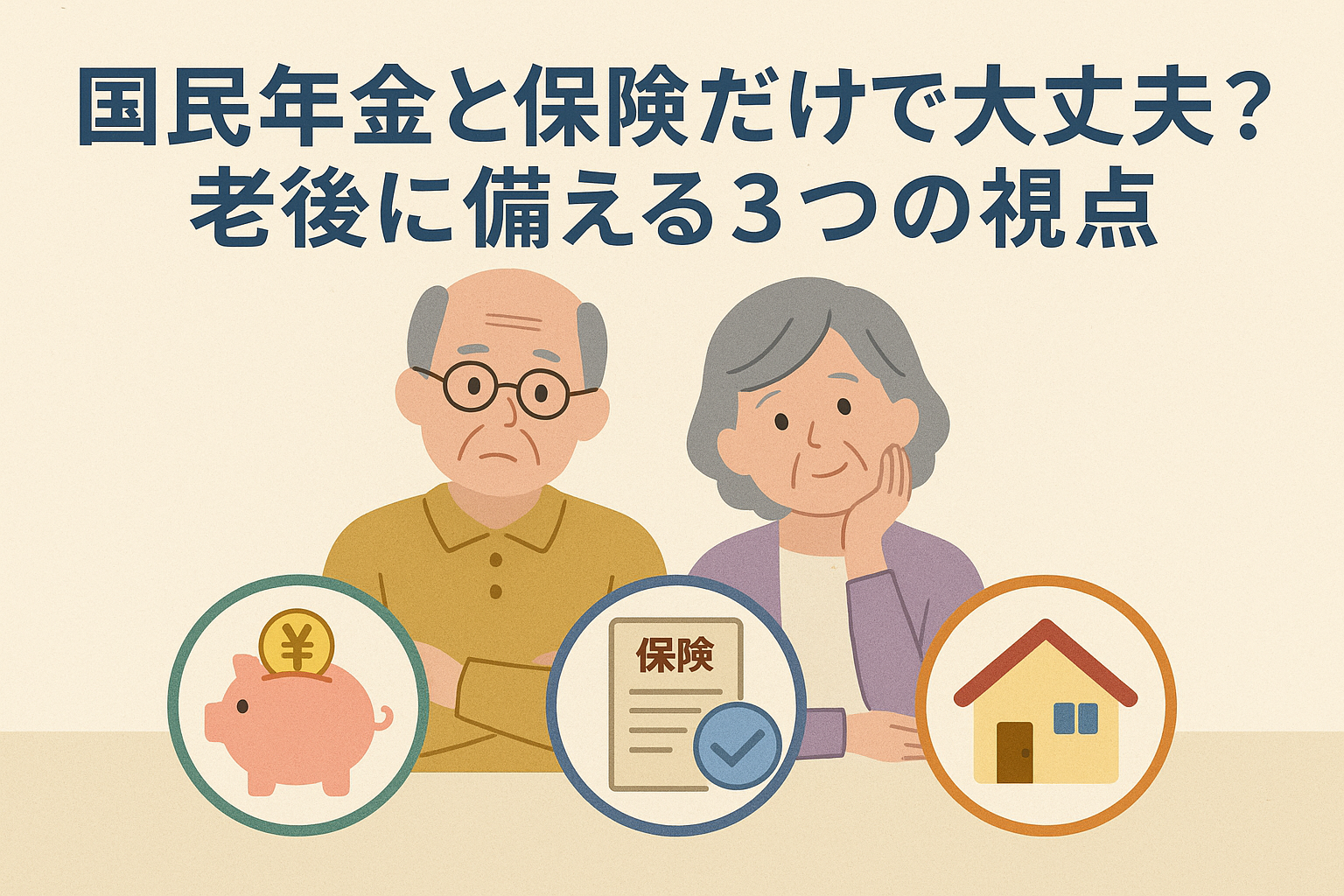 国民年金と保険だけで老後は大丈夫かを問いかけるタイトルと、考え込む高齢夫婦、貯金・保険・住宅を象徴するアイコンを配置したイラスト