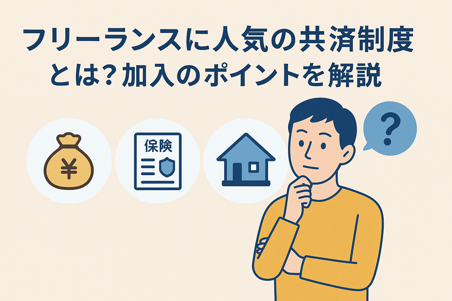 フリーランスに人気の共済制度をテーマに、考える男性イラストとお金・保険・住宅のアイコンを組み合わせた親しみやすいデザイン