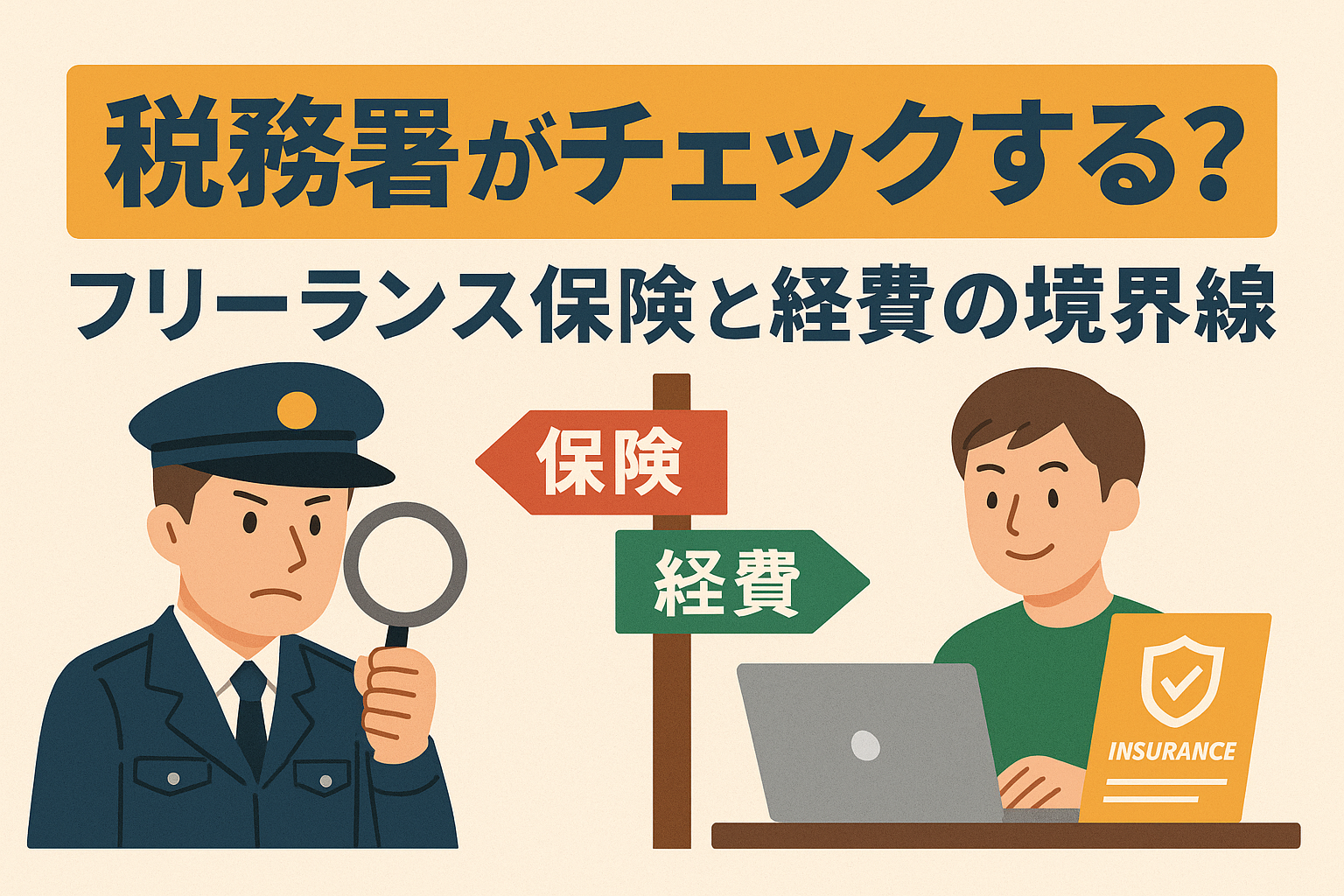 税務署員がフリーランスの保険と経費の境界線をチェックしているイラスト。看板に「保険」と「経費」の文字。