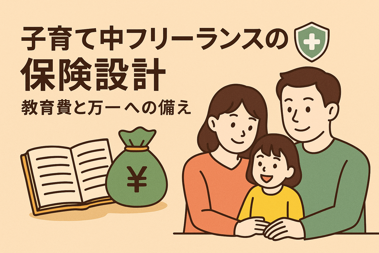 子育て中フリーランス向け保険設計をテーマに、家族3人と教育費・保険のイメージを描いたフラットイラスト