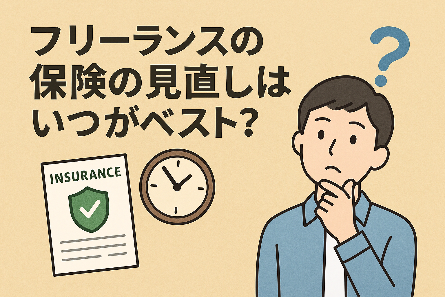 フリーランスが保険の見直しタイミングを考えている様子を描いたイラスト。保険書類、時計、疑問符が描かれている。