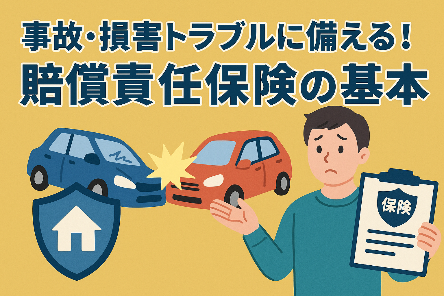 事故や損害トラブルへの備えとして賠償責任保険を解説する日本語アイキャッチ画像。車の衝突や保険書類を持つ人物が描かれている。