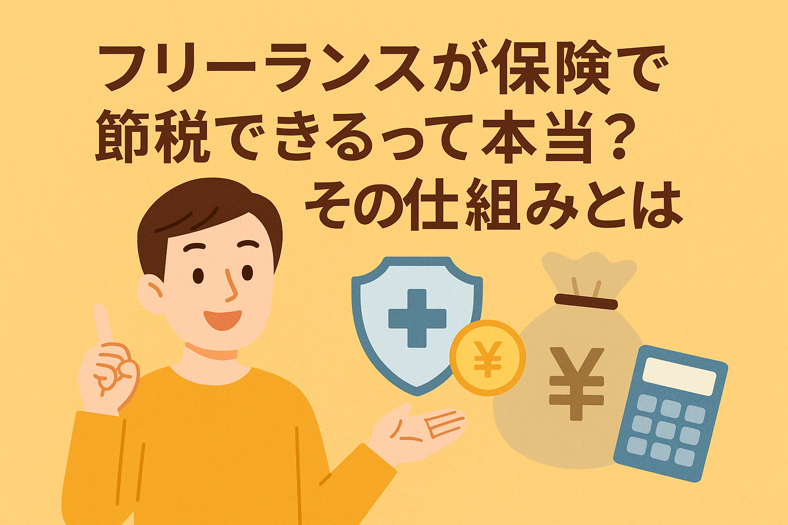 フリーランスが保険を活用して節税する仕組みを説明する日本語アイキャッチ画像。フリーランス風の人物と保険アイコン、計算機、金袋のイラスト。
