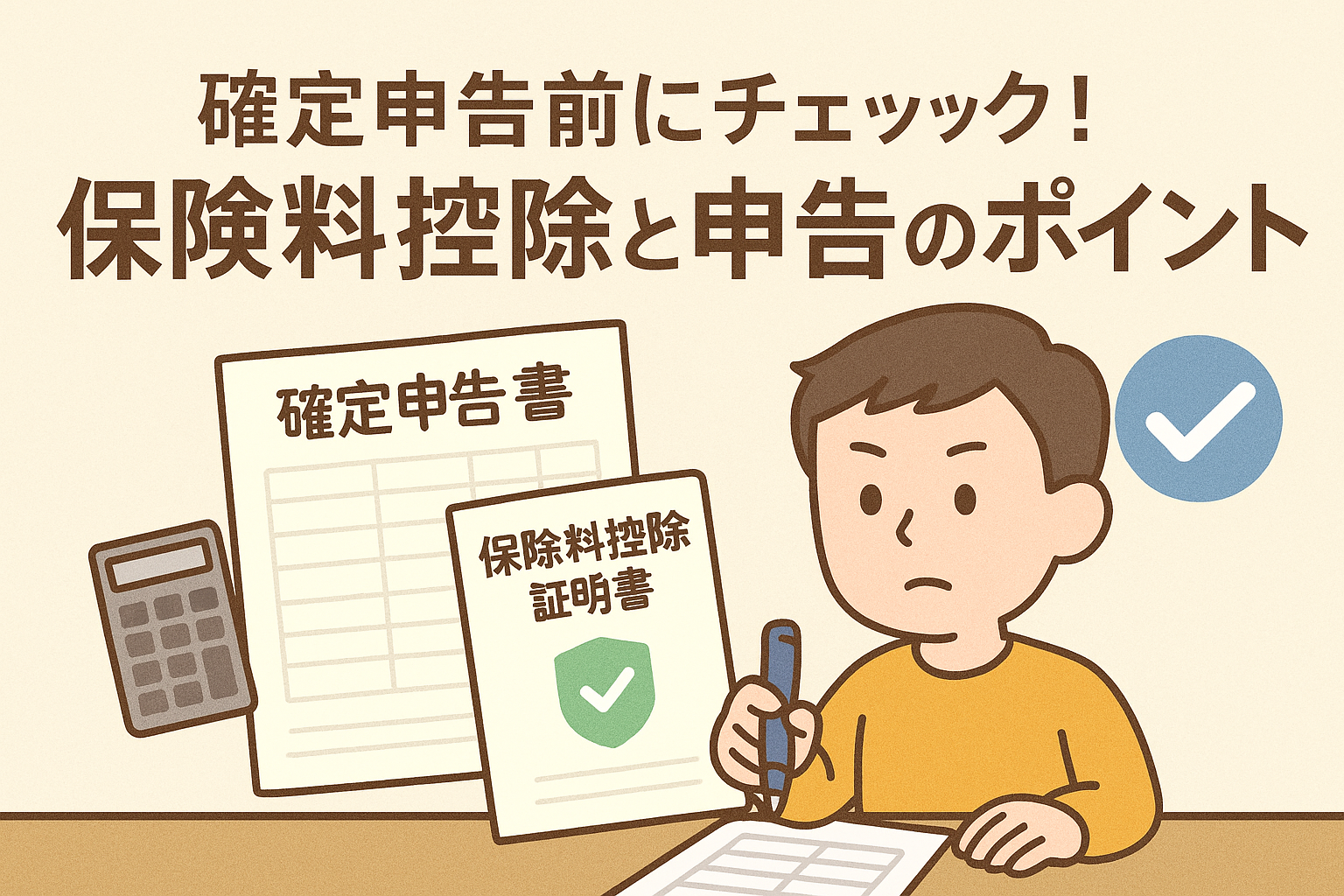 確定申告前に保険料控除を確認する人物のイラスト