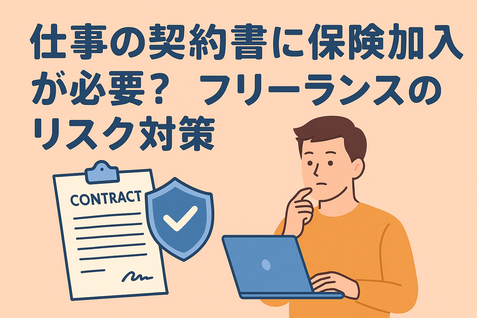 仕事の契約書に保険加入が必要かを考えるフリーランス男性のイラストと契約書・保険アイコン