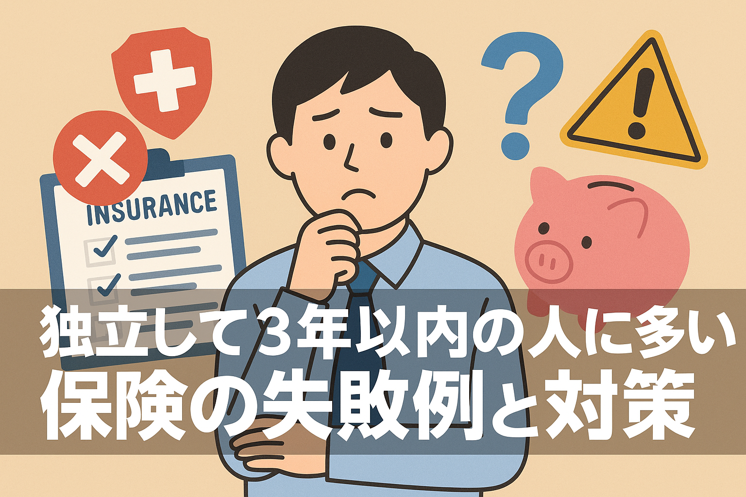独立3年以内の事業主が陥りやすい保険の失敗例と対策をテーマにしたイラスト。悩む男性と保険証書、警告マーク、貯金箱などのアイコンを配置。