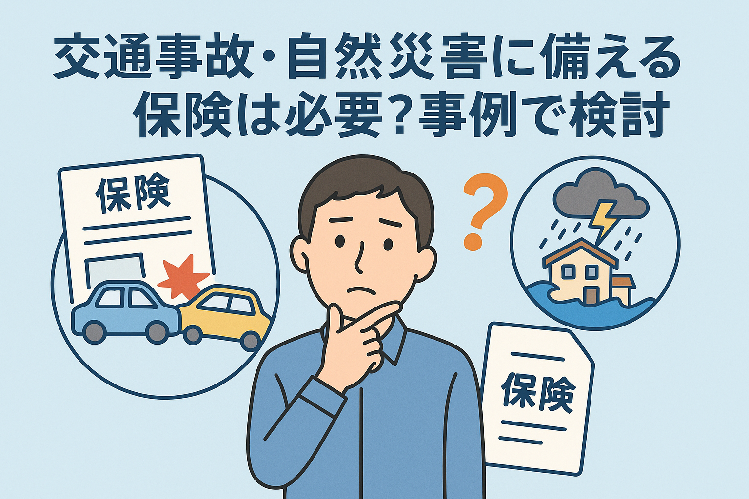 交通事故と自然災害への備えとしての保険の必要性をテーマにしたイラスト。悩む男性と車の衝突、洪水被害の家のイメージを配置。