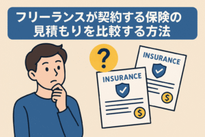 フリーランスが契約する保険の見積もり比較方法をテーマにしたイラスト。悩む男性と2枚の保険書類、比較を示すアイコンを配置。