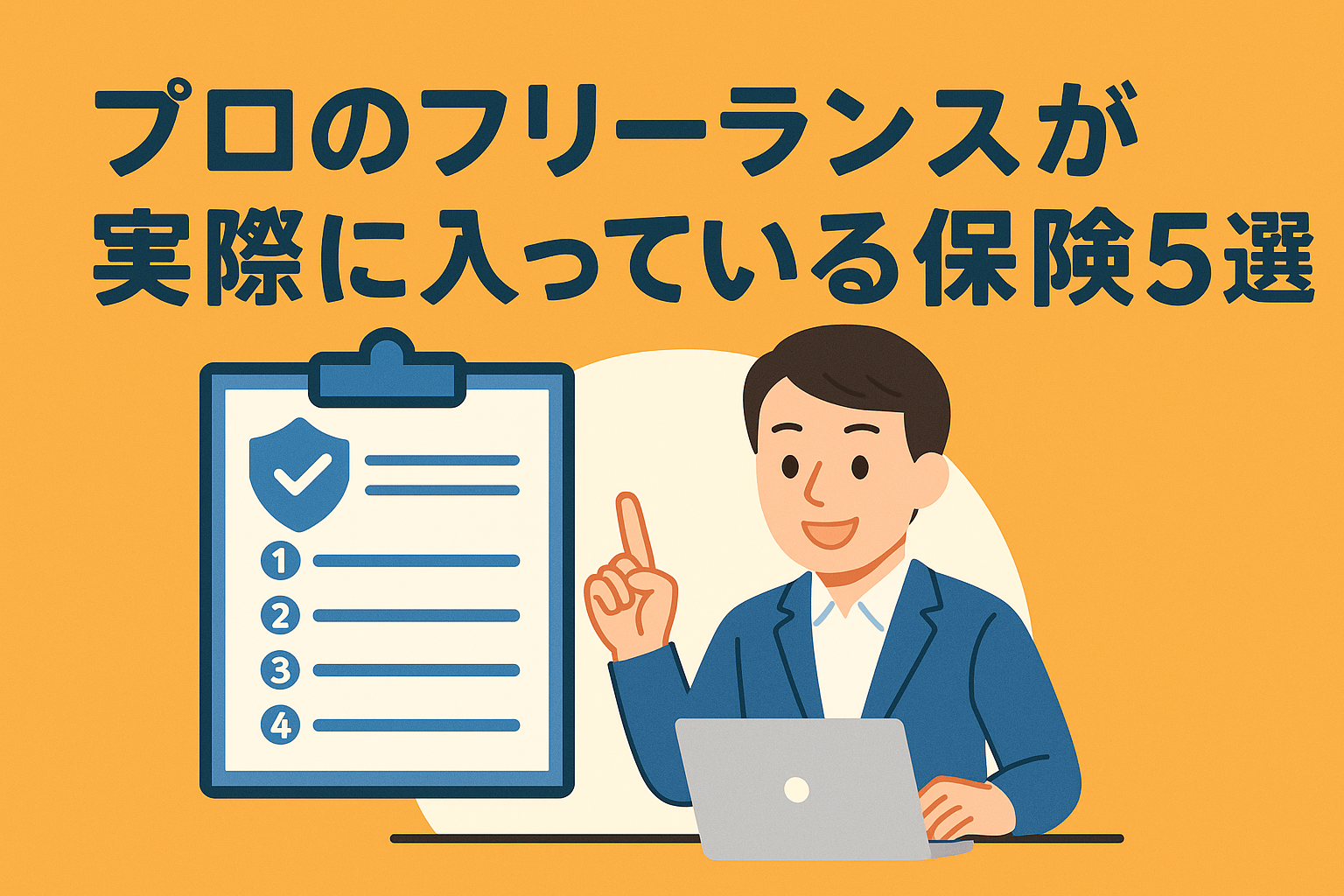 プロのフリーランスが実際に加入している保険5選を紹介するイラスト。男性フリーランスがノートパソコンを操作しながら保険のチェックリストを指差している。