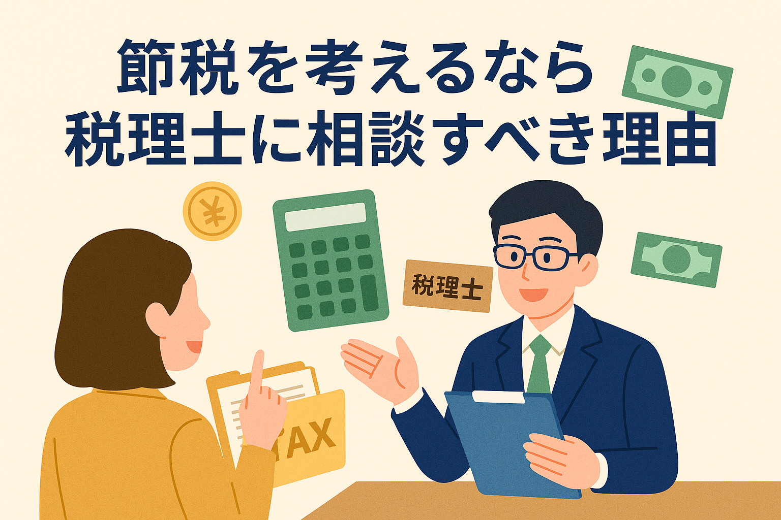 節税を考える女性経営者が税理士に相談している様子のイラスト。計算機やお金のアイコン付きで、税務相談の重要性を表現。