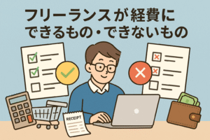 フリーランスが経費にできるもの・できないものを説明するイラスト。ノートパソコンで作業する人物と、チェックマークとバツ印のリスト、電卓、レシート、財布などのアイコンが描かれている。