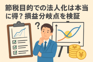 節税目的で法人化する場合の損益分岐点を検証するイメージ。スーツ姿の男性がグラフとチェックリストを見ながら悩んでいる様子。
