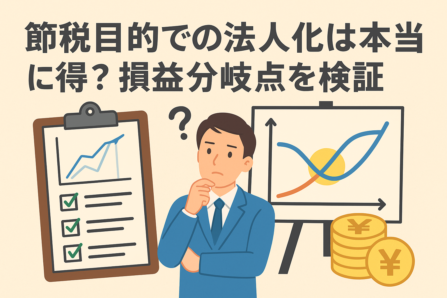 節税目的で法人化する場合の損益分岐点を検証するイメージ。スーツ姿の男性がグラフとチェックリストを見ながら悩んでいる様子。
