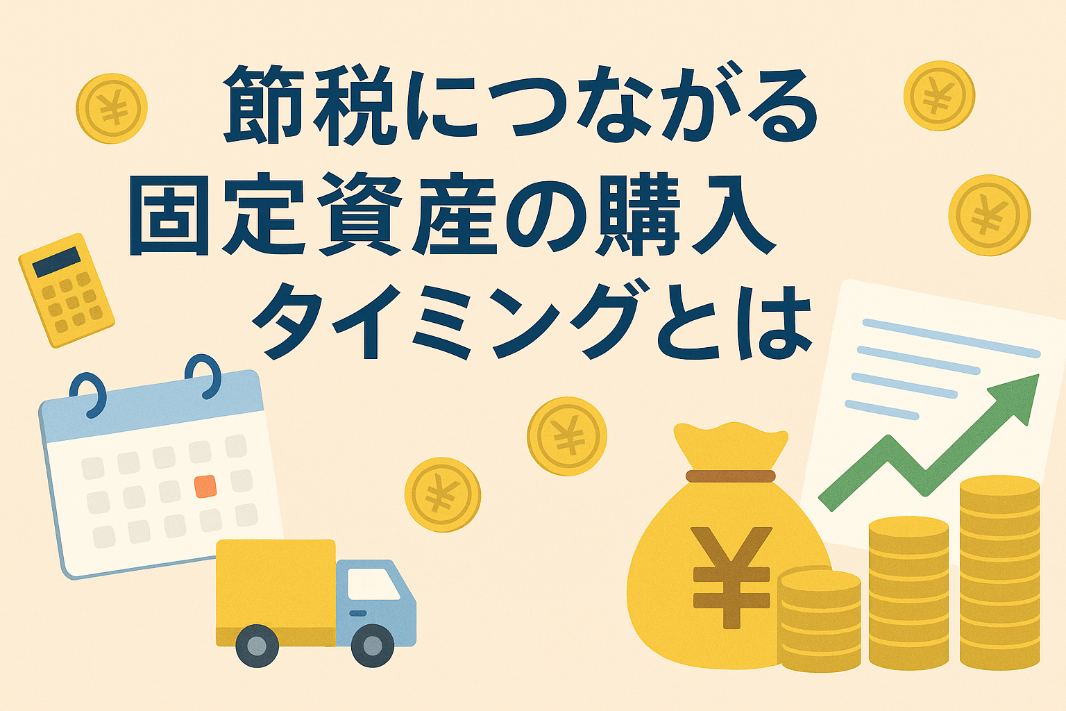 節税につながる固定資産の購入タイミングをテーマにしたイラスト。カレンダー、トラック、コイン、上昇グラフが描かれている。