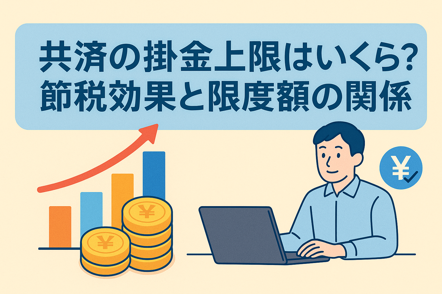 共済の掛金上限と節税効果、限度額の関係を説明する記事用アイキャッチ画像。棒グラフ、上昇矢印、コイン、パソコンを操作する男性のイラスト入り。