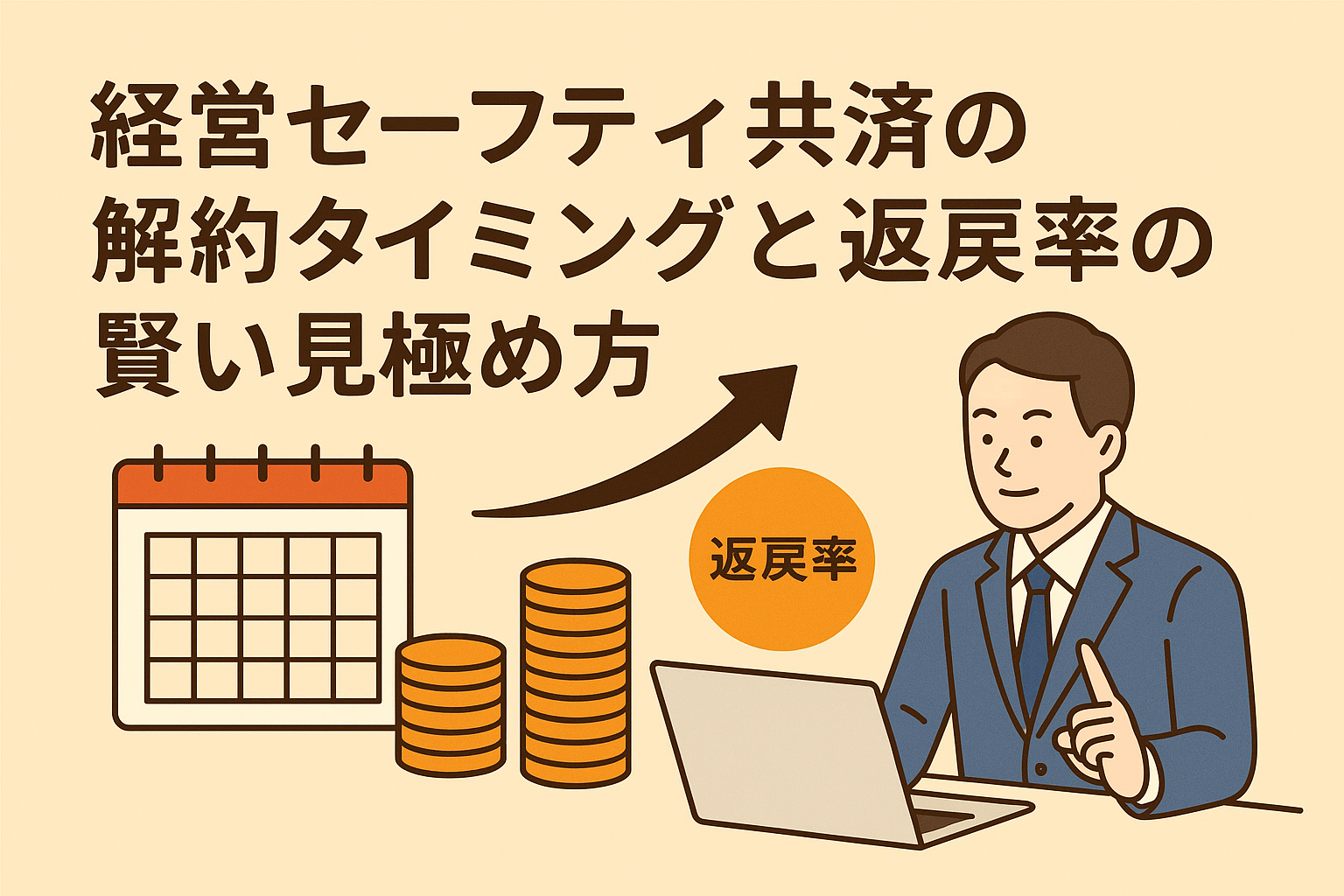 経営セーフティ共済の解約タイミングと返戻率の見極め方を解説する記事用アイキャッチ画像。カレンダー、積み上がるコイン、返戻率の文字、パソコンを操作する男性のイラスト入り。