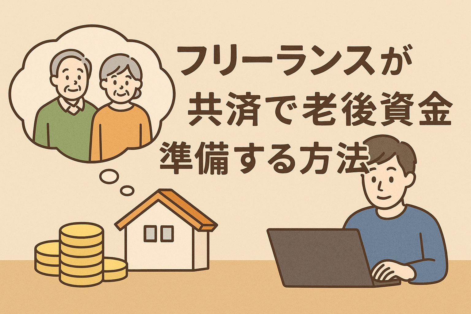 フリーランスが共済制度を活用して老後資金を準備する方法を解説する記事用アイキャッチ画像。老後を想像する高齢夫婦のイラスト、コイン、住宅、パソコンを操作する若いフリーランスが描かれている。