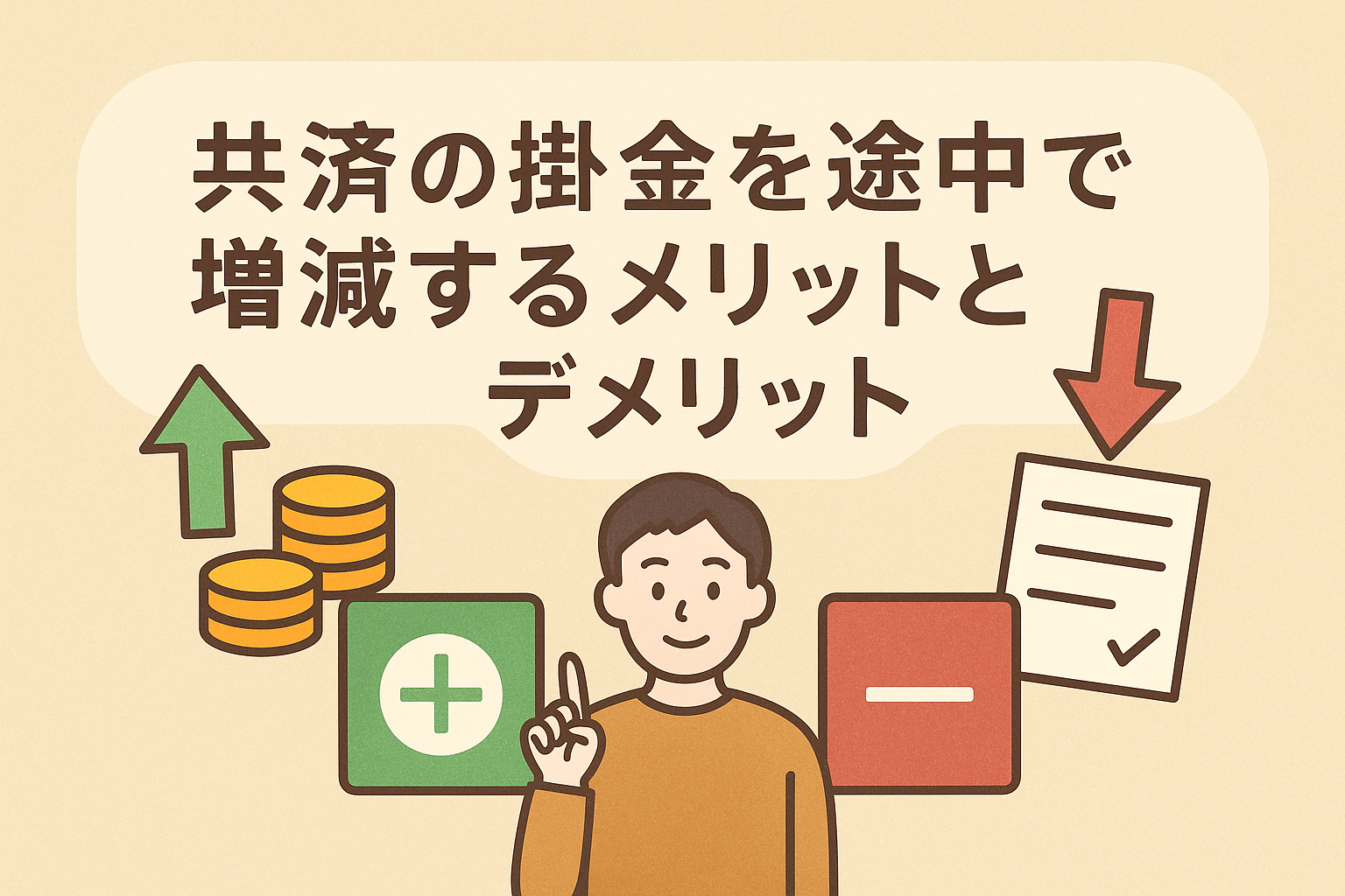 共済の掛金を途中で増減するメリットとデメリットを解説するイラスト。ベージュ基調で、増額・減額を示す矢印やコイン、書類アイコンを配置。