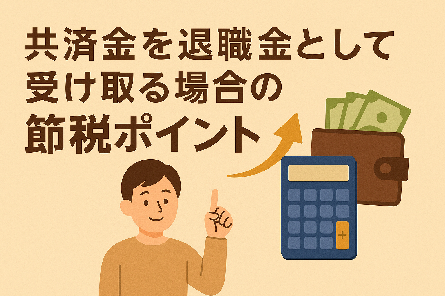 共済金を退職金として受け取る場合の節税ポイントを解説するイラスト。電卓と財布、笑顔の人物が描かれたベージュ背景のデザイン。