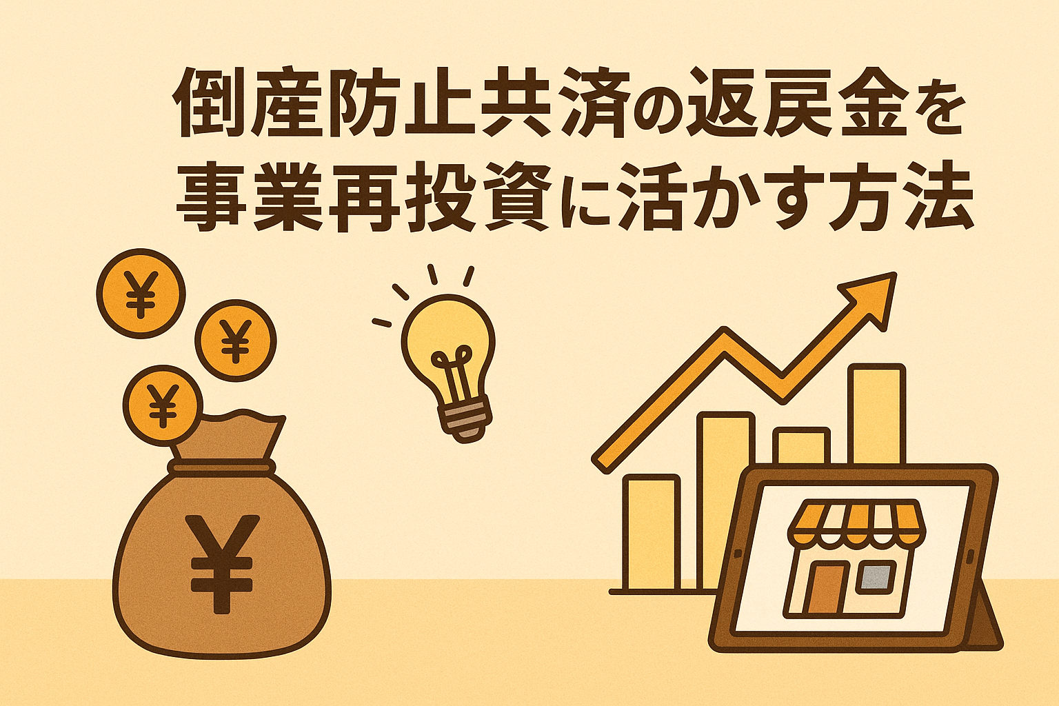 倒産防止共済の返戻金を事業再投資に活かす方法を解説するベージュ背景のアイキャッチ画像。お金の袋、成長グラフ、電球、店舗アイコンが描かれている。