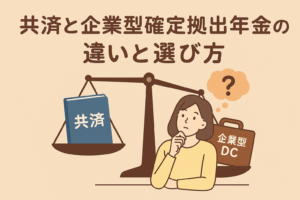 共済と企業型確定拠出年金の違いを天秤で比較し、選び方を考える女性のイラスト