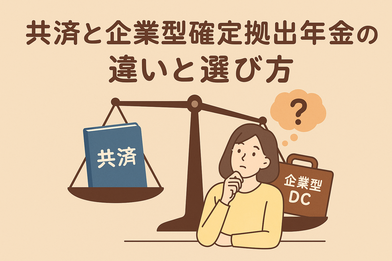 共済と企業型確定拠出年金の違いを天秤で比較し、選び方を考える女性のイラスト