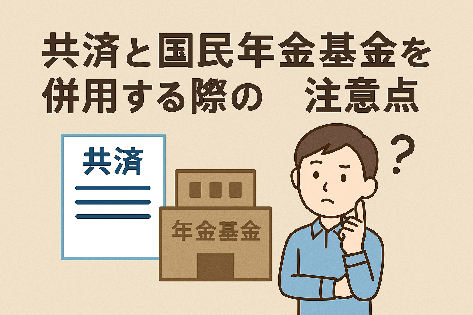 共済と国民年金基金を併用する際の注意点を解説する日本語タイトル入りのアイキャッチ画像