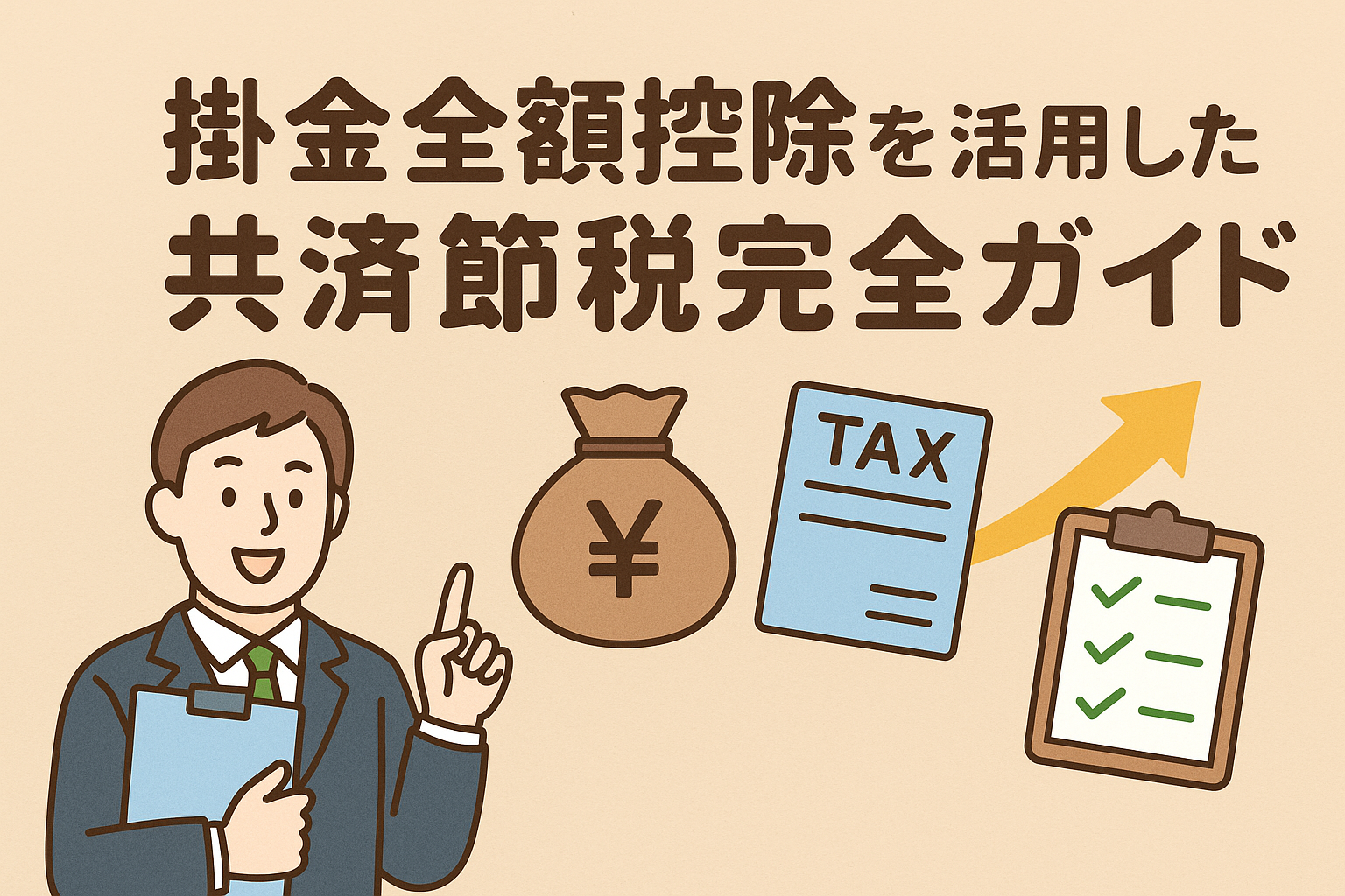 掛金全額控除を活用した共済節税の完全ガイドを解説する日本語イラスト。スーツ姿の男性、税金書類、チェックリスト、矢印、金袋のアイコンが描かれたベージュ背景。