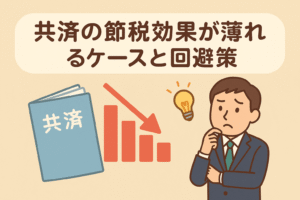 共済の節税効果が薄れるケースと回避策を表すアイキャッチ。ベージュ背景、見出しバナー、共済の冊子、下降グラフ、悩むビジネスマンと電球のイラスト。